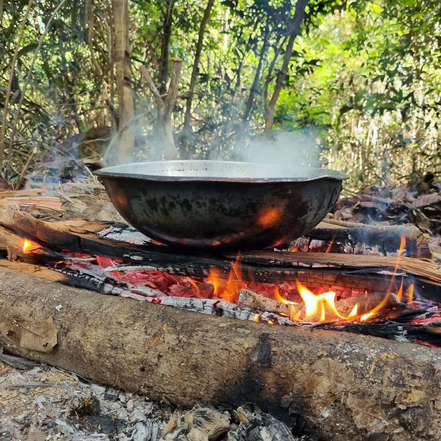 Olla sobre fuego de leña en el bosque amazónico.