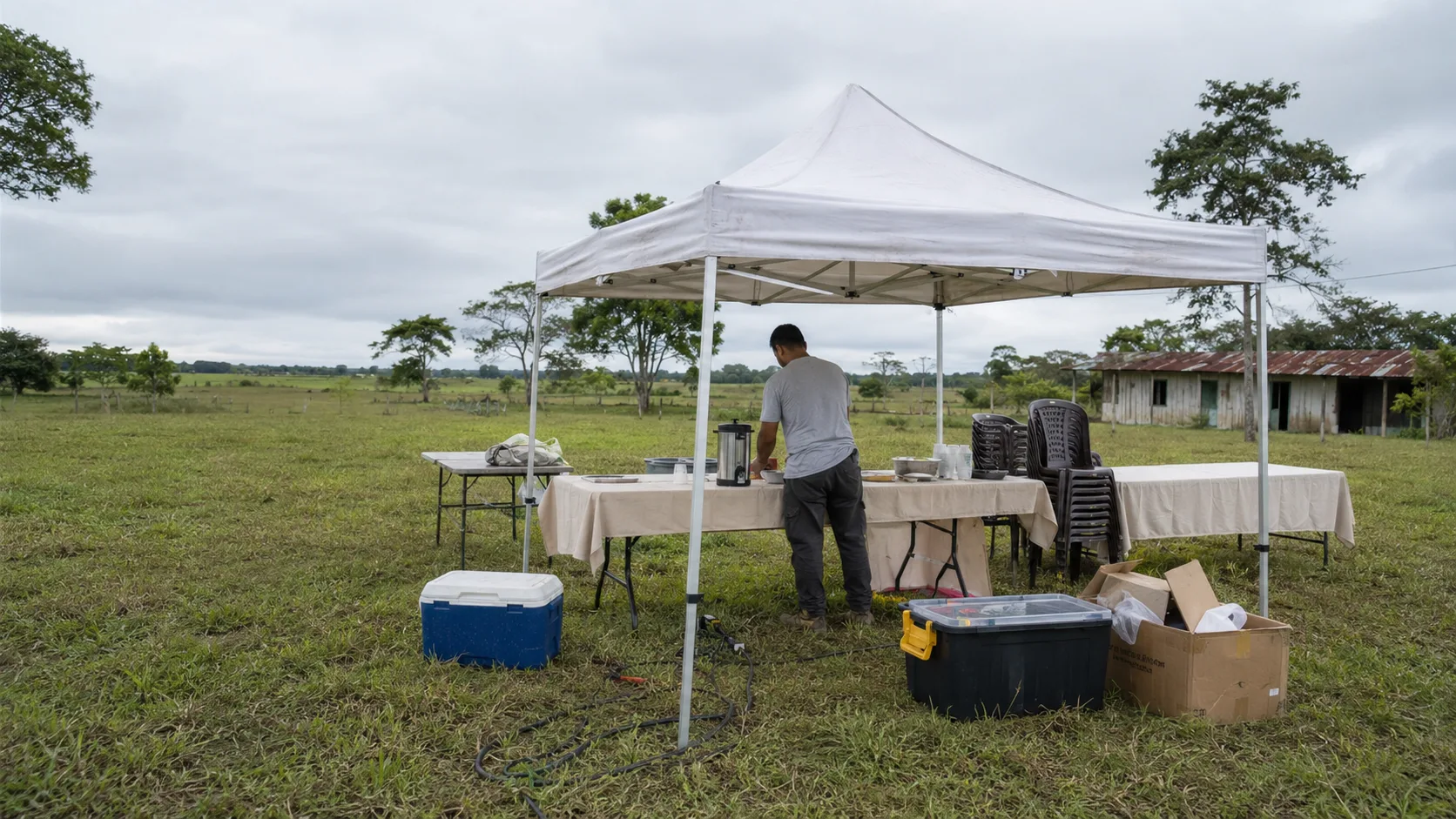 Montaje de carpa, mesas y equipos para una actividad en campo abierto